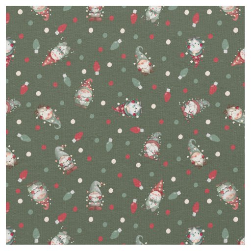 Tossed Gnomes Wrapped in Lights Dark Olive Green Fabric