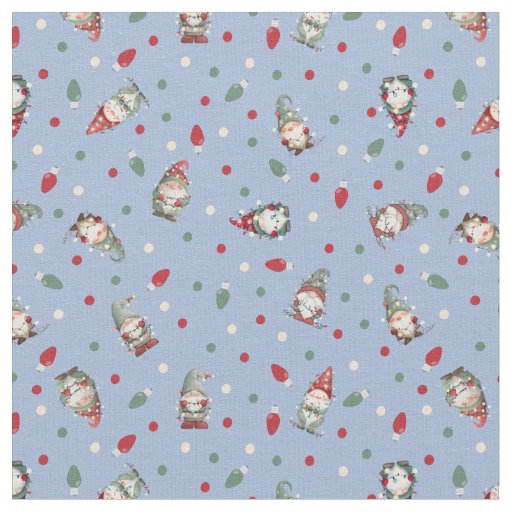 Tossed Gnomes Wrapped in Lights on Light Blue Fabric