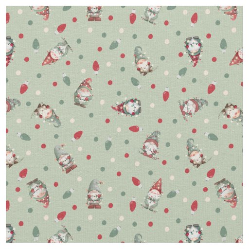 Tossed Gnomes Wrapped in Lights on Pale Gray-Green Fabric