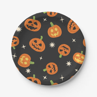 Tossed Halloween Pumpkins Pattern on Black Paper Plates