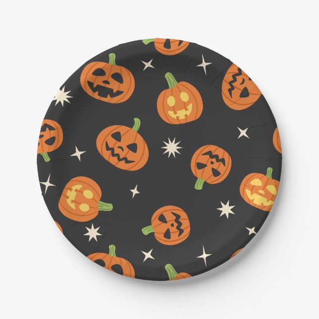 Tossed Halloween Pumpkins Pattern on Black Paper Plates (Front)