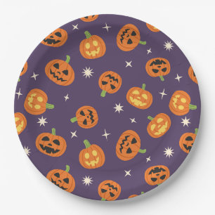 Tossed Halloween Pumpkins Pattern on dark purple Paper Plates