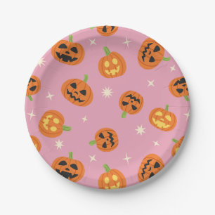 Tossed Halloween Pumpkins pattern on pink Paper Plates