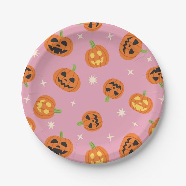 Tossed Halloween Pumpkins pattern on pink Paper Plates (Front)