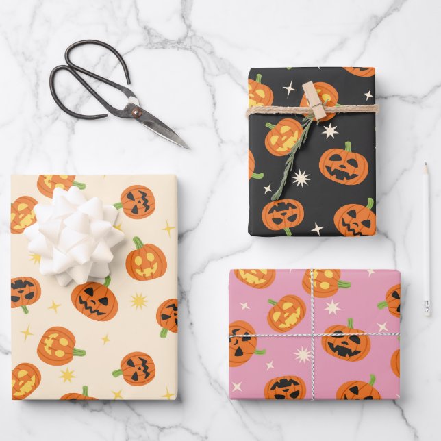 Tossed Halloween Pumpkins Wrapping Paper Sheets (Front)