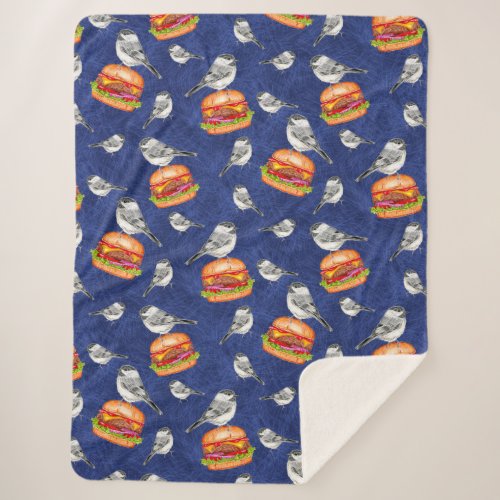 Tossed Tahoe Cheeseburger Birds on Deep Blue  Sherpa Blanket