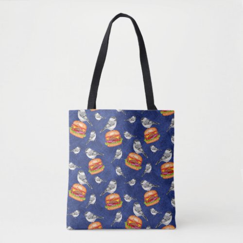 Tossed Tahoe Cheeseburger Birds on Deep Blue  Tote Bag