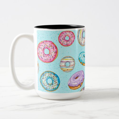 Tossed Watercolor Donuts on Aqua Splatter Two_Tone Coffee Mug