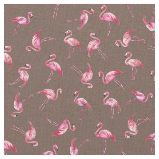 Tossed Watercolor Flamingos on Dark Brown Fabric 