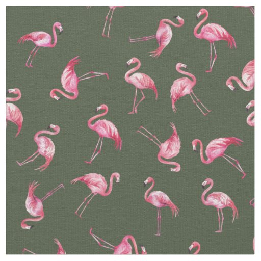 Tossed Watercolor Flamingos on Dark Green Fabric