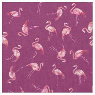 Tossed Watercolor Flamingos on Dark Pink Fabric