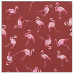 Tossed Watercolor Flamingos on Dark Red Fabric