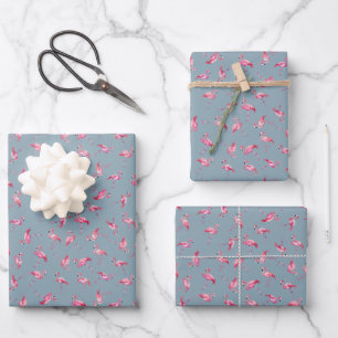 Tossed Watercolor Flamingos on Light Gray-Blue Wrapping Paper Sheets
