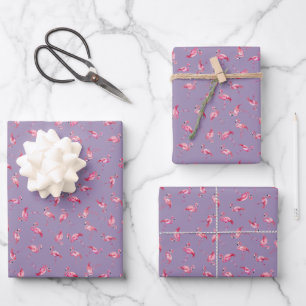 Tossed Watercolor Flamingos on Light Purple Wrapping Paper Sheets