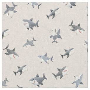 Tossed Watercolor Sharks on Beige Fabric