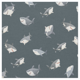 Tossed Watercolor Sharks on Dark Gray-Blue Fabric