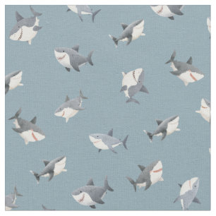 Tossed Watercolor Sharks on Light Gray-Blue Fabric