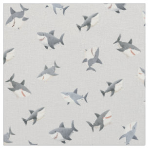 Tossed Watercolor Sharks on Light Gray Fabric