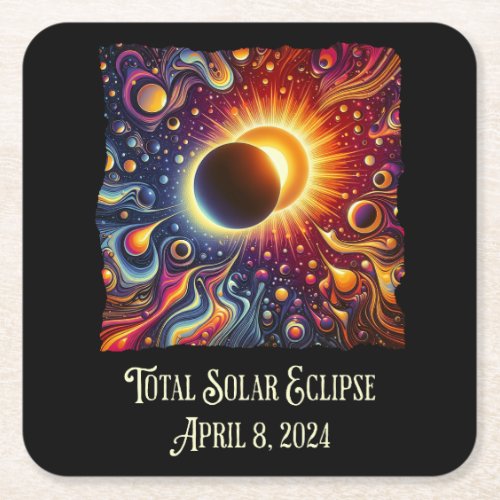 Total Eclipse 2024 Retro Groovy 60s 70s vibe Square Paper Coaster