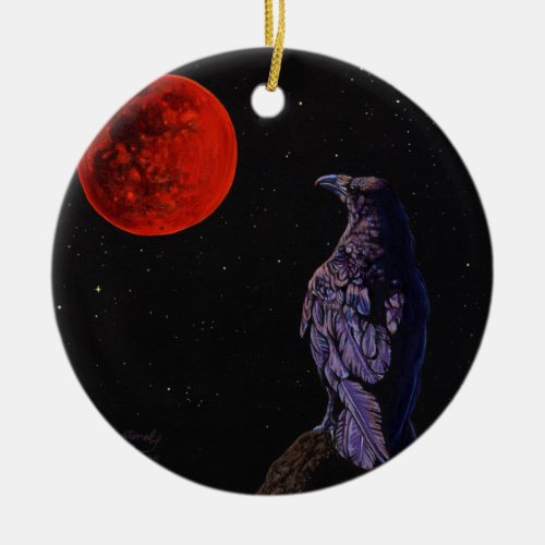 Total Lunar Eclipse Crow Raven Painting Art Ceramic Ornament