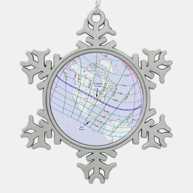 Total Solar Eclipse 2017 Global Path Snowflake Pewter Christmas Ornament (Front)