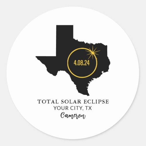 Total Solar Eclipse 2024 Custom Name City Texas Classic Round Sticker