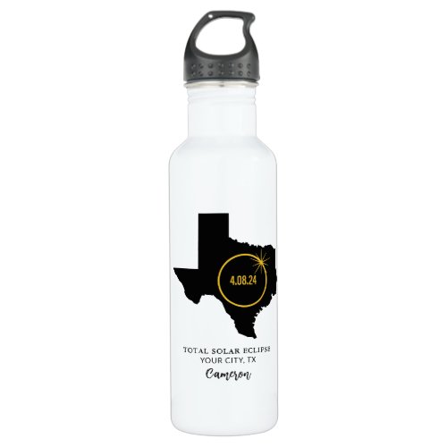 Total Solar Eclipse 2024 Custom Name City Texas Stainless Steel Water Bottle