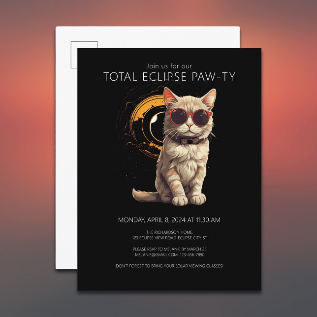 Total Solar Eclipse 2024 Fun Cat Viewing Party Invitation Postcard (Add your details to customize your viewing event invitation)