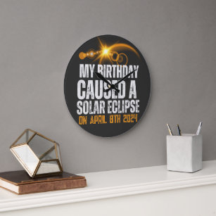 total solar eclipse 2024 funny birthday 4-8-2024 large clock