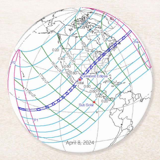 Total Solar Eclipse 2024 Global Path Round Paper Coaster (Front)