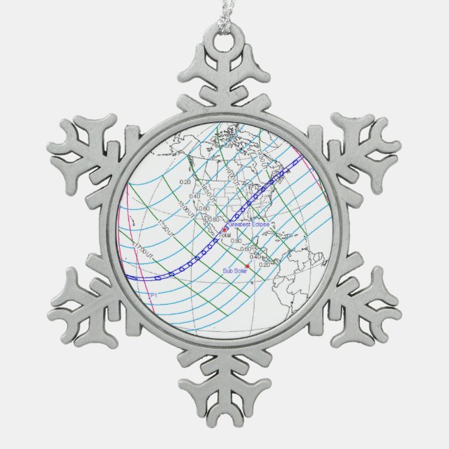 Total Solar Eclipse 2024 Global Path Snowflake Pewter Christmas Ornament (Front)