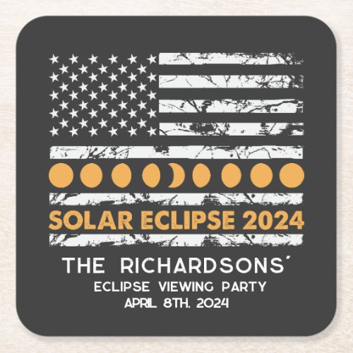 Total Solar Eclipse 2024 Personalized Patriotic Square Paper Coaster