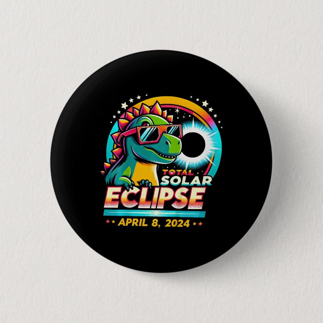 Total Solar Eclipse 2024 T-rex Wearing Solar Glass Button (Front)