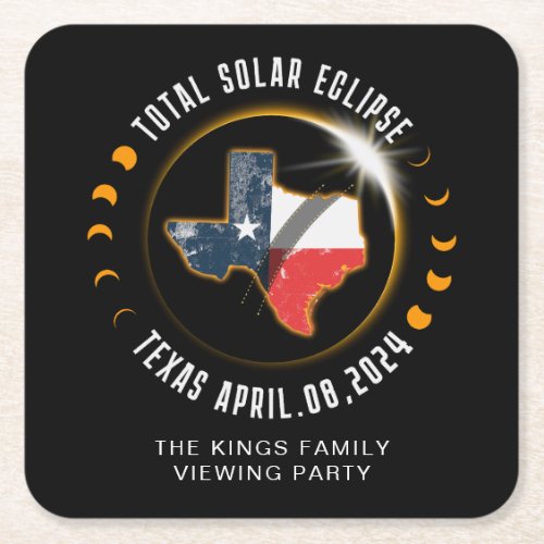 Total Solar Eclipse 2024 Texas State Family Name Square Paper Coaster