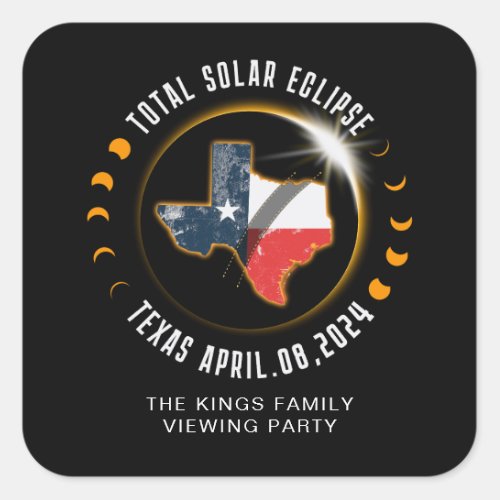 Total Solar Eclipse 2024 Texas State Family Name Square Sticker