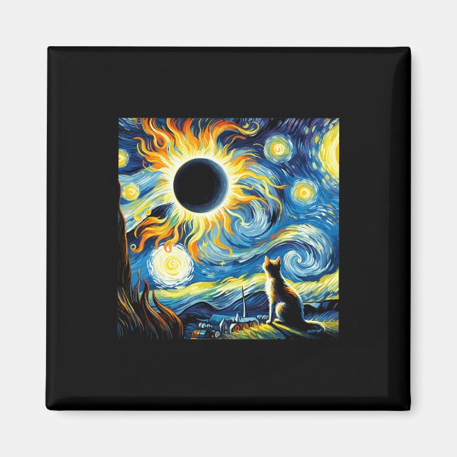 Total Solar Eclipse 2024 Van Gogh Starry Night Cat Magnet (Front)