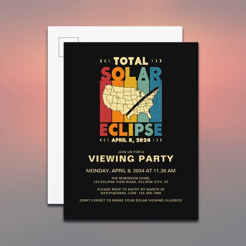 Total Solar Eclipse 2024 Vintage USA Viewing Party Invitation Postcard