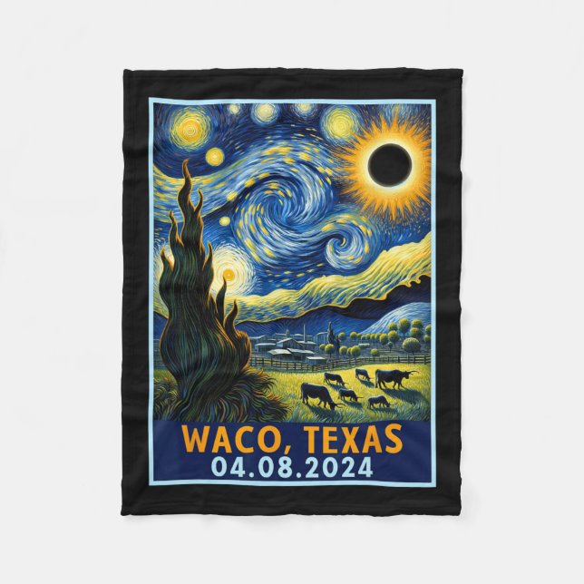 Total Solar Eclipse 2024 Waco Texas Van Gogh Starr Fleece Blanket (Front)