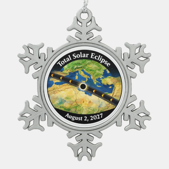 Total Solar Eclipse 2027 Map Snowflake Pewter Christmas Ornament (Front)