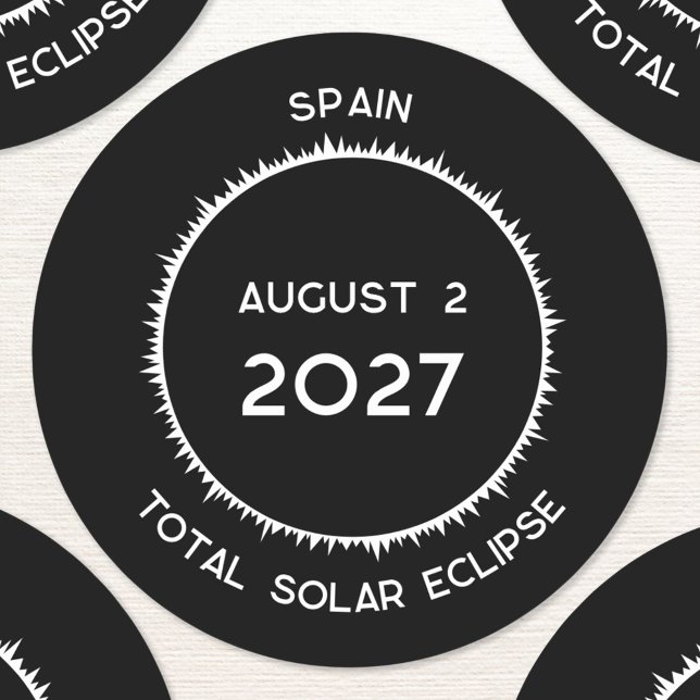 Total Solar Eclipse 2027 Spain Classic Round Sticker (Total solar eclipse August 2nd 2027 Spain custom text sticker)