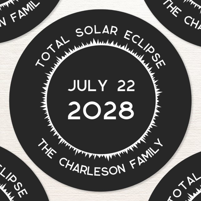 Total Solar Eclipse 2028 Personalized  Classic Round Sticker (Total solar eclipse July 22nd 2028 Australia New Zealand custom text personalized name sticker)