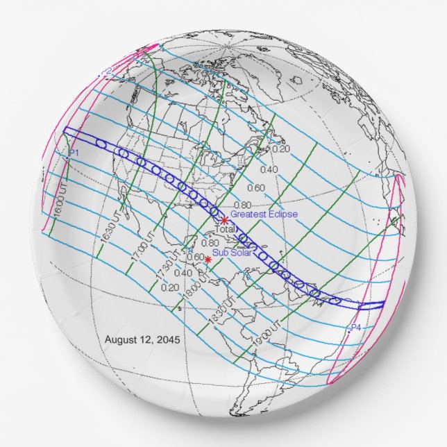 Total Solar Eclipse 2045 Global Path Paper Plates (Front)