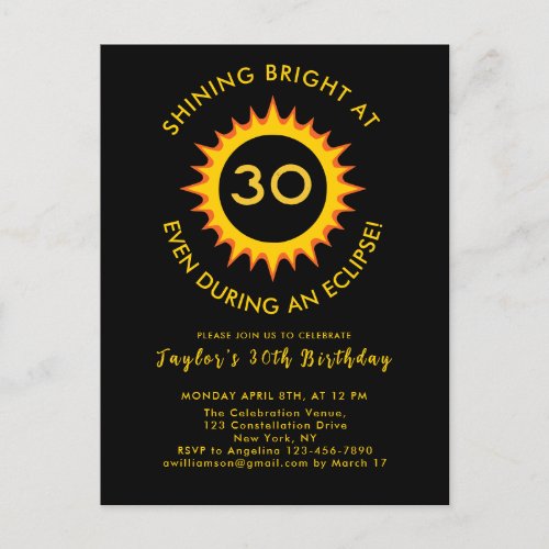 Total Solar Eclipse 482024 30th Birthday Party Invitation Postcard