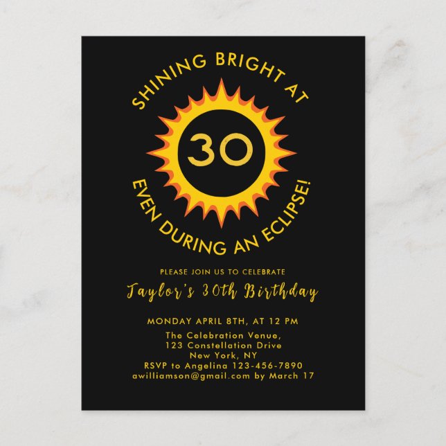 Total Solar Eclipse 4.8.2024 30th Birthday Party Invitation Postcard (Front)