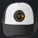 Total Solar Eclipse 4.8.2024 USA Custom Text Truck Trucker Hat<br><div class="desc">Get ready for the Great American total solar eclipse on April 8, 2024. This cool hat is the perfect way to commemorate this historical event and can be customized with your state or own text. The design features a dark silhouette of the moon obscuring the sun with an orange glow....</div>