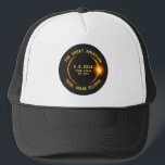 Total Solar Eclipse 4.8.2024 USA Custom Text Truck Trucker Hat<br><div class="desc">Get ready for the Great American total solar eclipse on April 8, 2024. This cool hat is the perfect way to commemorate this historical event and can be customized with your state or own text. The design features a dark silhouette of the moon obscuring the sun with an orange glow....</div>