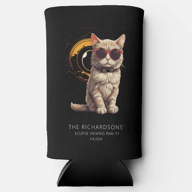 Total Solar Eclipse April 2024 Fun Cat in Glasses Seltzer Can Cooler (Front)