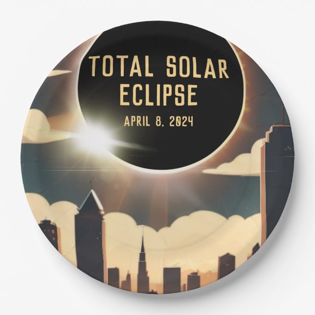Total solar eclipse CITY April 8, 2024 sun moon  Paper Plates (Front)