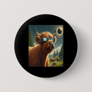 Total Solar Eclipse Highland Cow Wearing Sungles Button