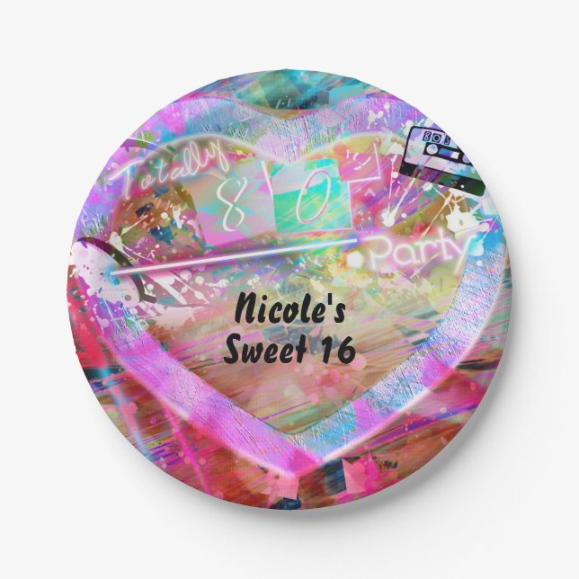 Totally 80's Bright Fun Heart Birthday Party Paper Plates (Front)